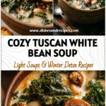 Bowl of Creamy Tuscan White Bean And Kale Soup with mushrooms and kale in a rustic vegan soup setting
